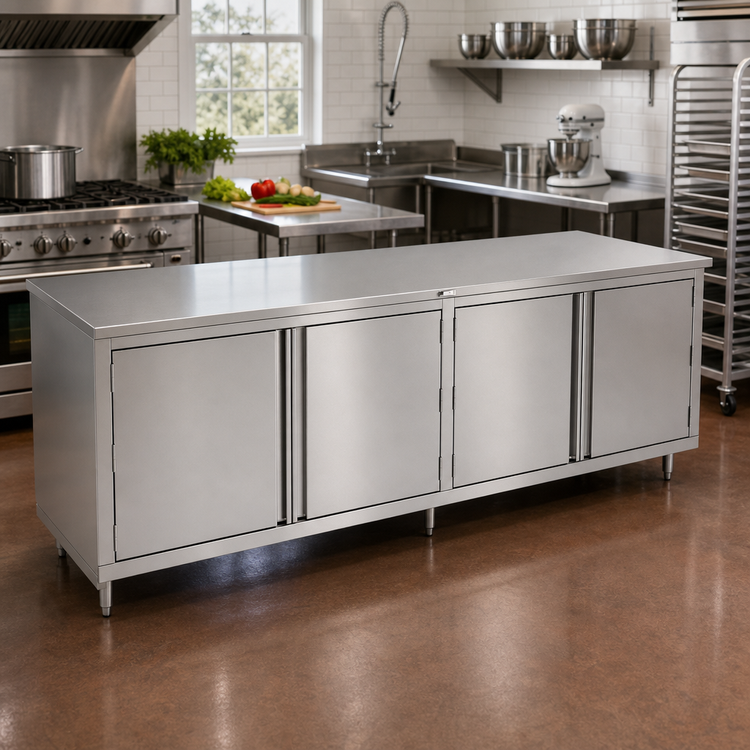 Product image #2 for John Boos 108-Inch x 30-Inch Enclosed Work Table with Cabinet Base and 2 Hinged Door Sets, Stainless Steel Flat Top