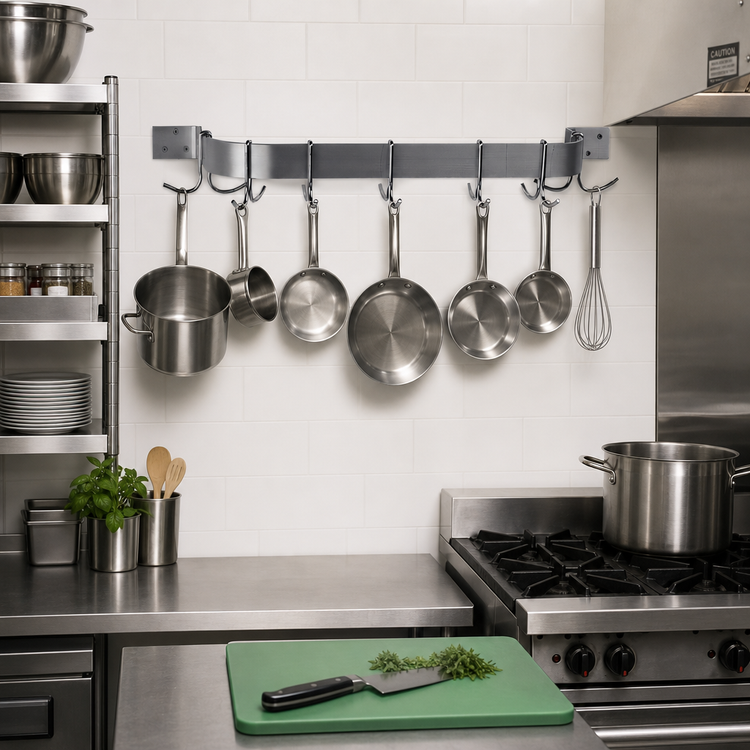 Product image #2 for Advance Tabco Wall-Mounted Stainless Steel Pot Rack with Single Bar and 6 Double Hooks, 48 Inches