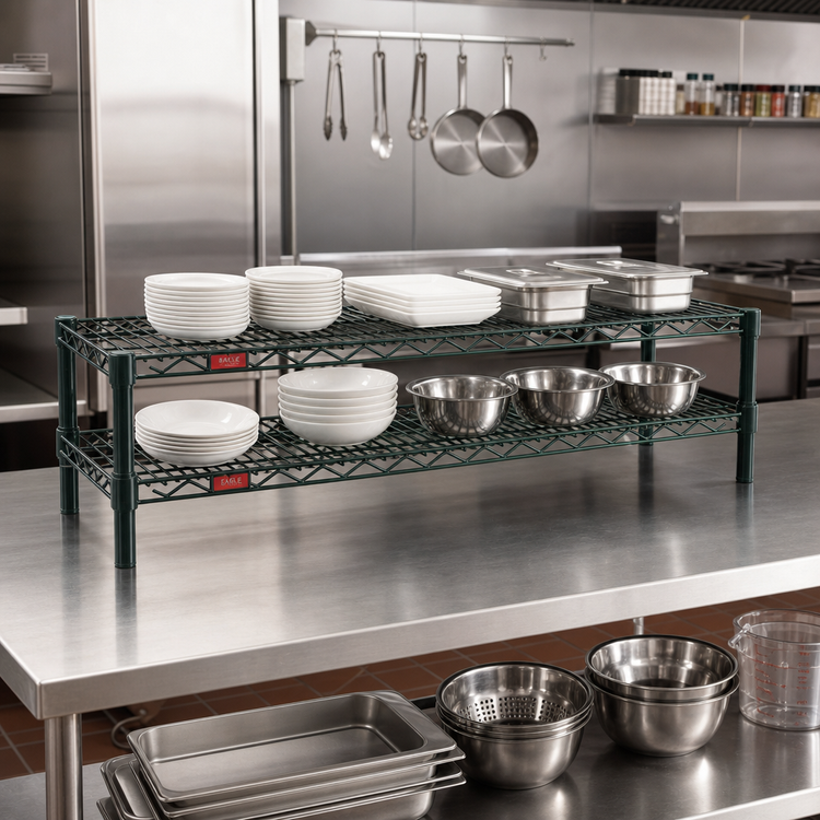 Product image #2 for Eagle Group QuadTruss 2-Tier Front Case Merchandise Wire Shelving Unit, 54 x 14 x 14 Inches, Green Epoxy