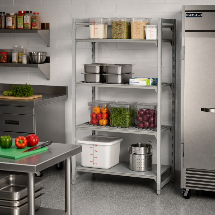 Product image #3 for Cambro Camshelving Premium 4-Tier Stationary Starter Unit, 30 x 24 x 64 Inches, 3 Vented + 1 Solid Shelves, Speckled Gray