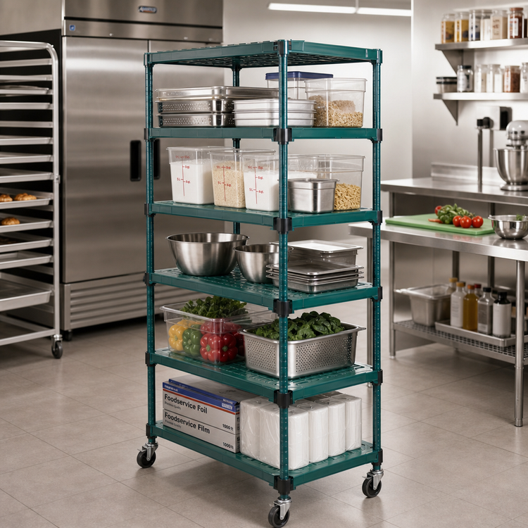 Product image #2 for QuadPLUS 5-Tier Mobile Starter Wire Shelving Unit with Green Shelf Mats, 36 x 21 x 74 Inches