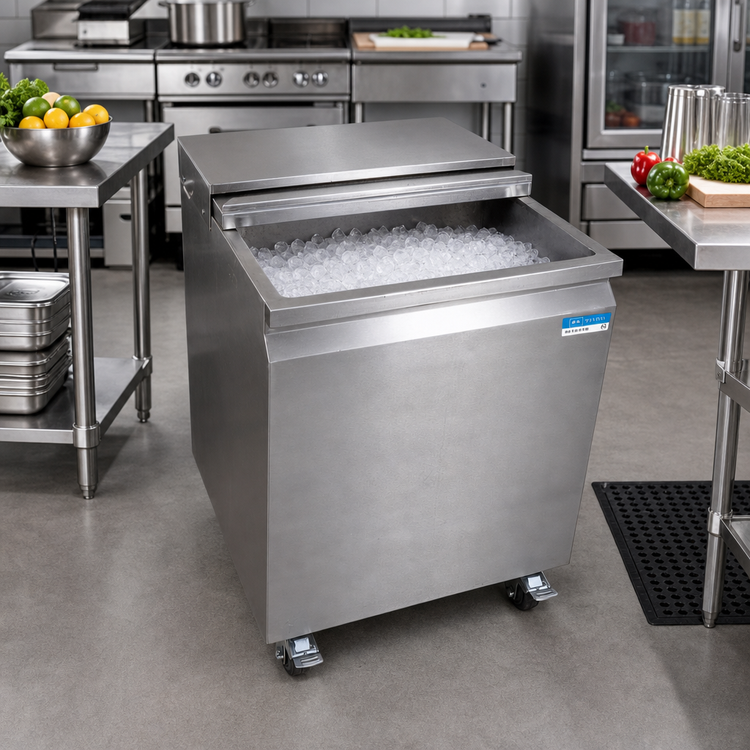 Product image #2 for Stainless Steel Mobile Ice Bin with Sliding Lid, 117 lb Capacity