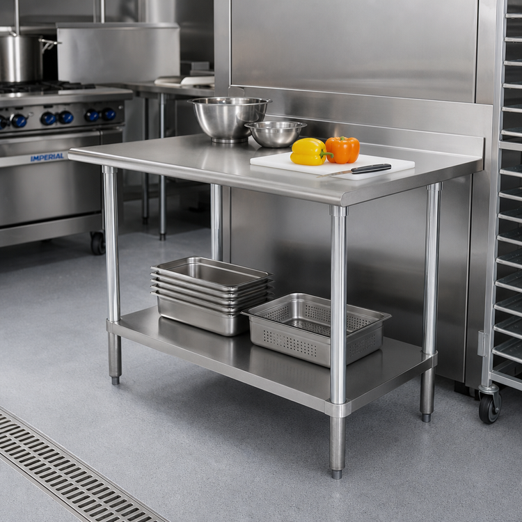 Product image #2 for Advance Tabco FSS-300 30-Inch Square 14-Gauge 304 Stainless Steel Corner Work Table with Undershelf and 1-1/2-Inch Rear Up-Turn