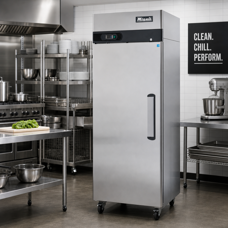 Product image #2 for Migali Competitor Series Single Section Reach-In Freezer, Self-Contained Top-Mount, 23 Cu. Ft., Stainless Steel, Left-Hand Hinged Door