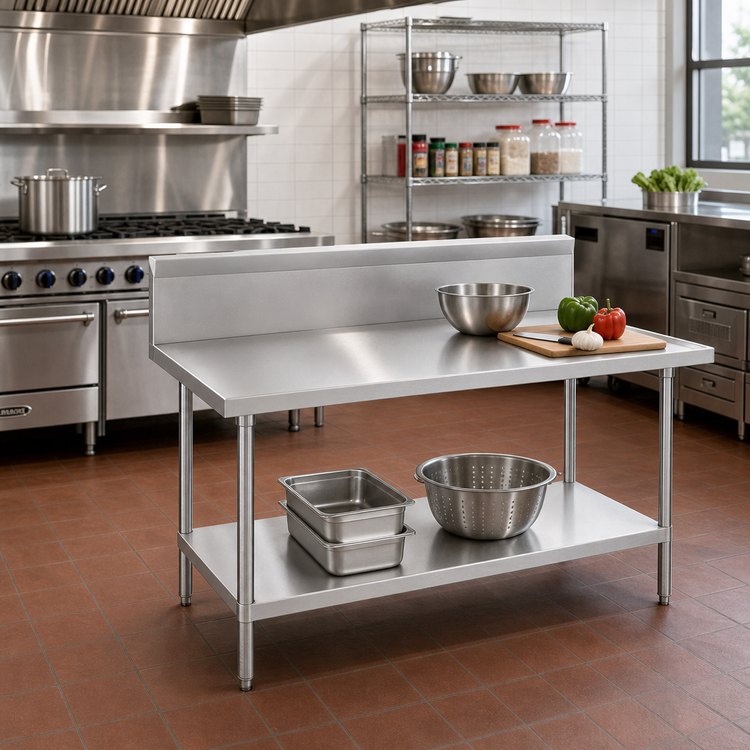 Product image #2 for Advance Tabco 48-Inch x 24-Inch 14-Gauge 304 Stainless Steel Work Table with 10-Inch Backsplash and Undershelf