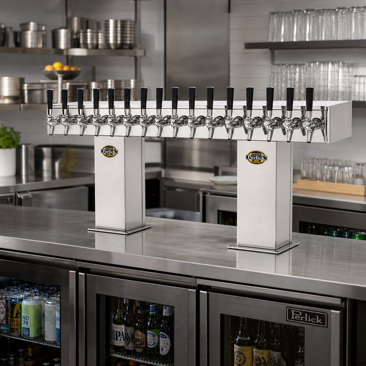Product image #2 for Perlick Extra High 16-Faucet Glycol-Cooled Countertop Bridge Tee Draft Beer Tower