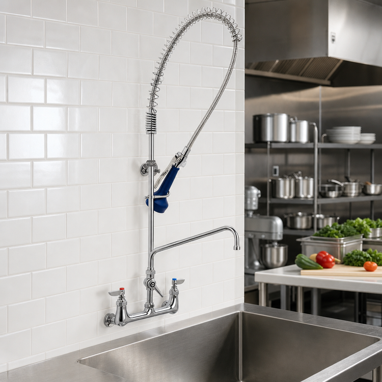 Product image #2 for T&S Brass EasyInstall 8-Inch Wall Mount Pre-Rinse Unit with 12-Inch Swing Nozzle, Add-On Faucet, and 1.07 GPM Spray Valve