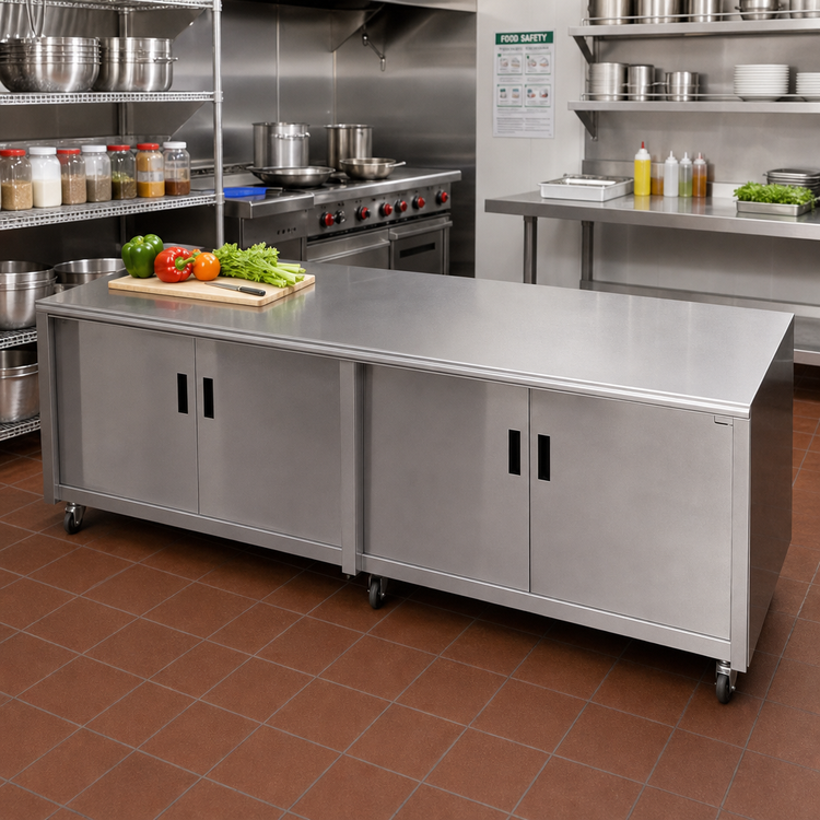 Product image #2 for Advance Tabco Special Value Series Enclosed Work Table with Cabinet Base and Hinged Doors, 108W x 24D, 16 Gauge 304 Stainless Steel Top