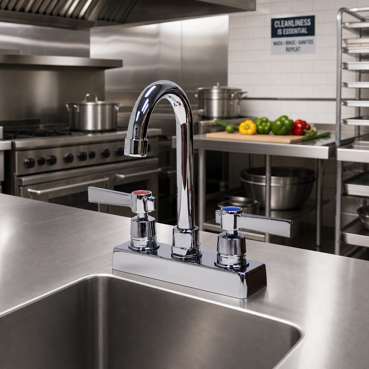 Product image #3 for Advance Tabco K-52 Heavy-Duty Manual Deck-Mounted Faucet with 3-1/2-Inch Gooseneck Spout, 4-Inch Centers, Lead-Free