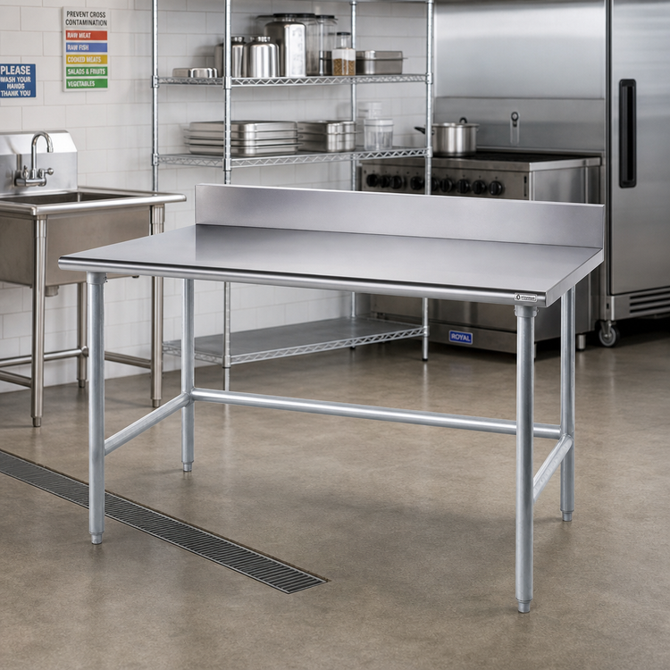 Product image #2 for Advance Tabco 60" x 30" 16-Gauge 430 Stainless Steel Work Table with 5" Backsplash and Open Galvanized Base