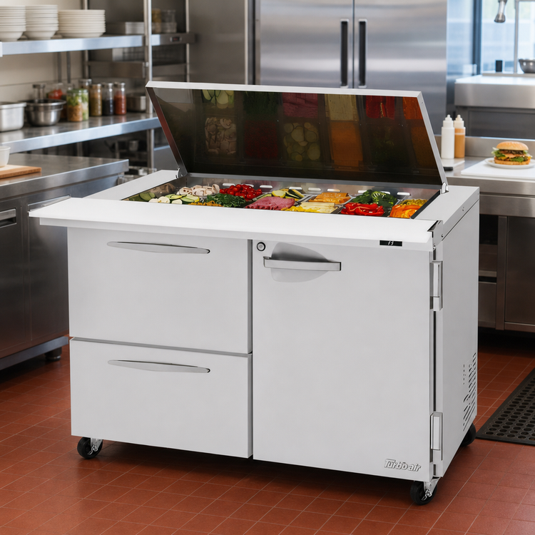 Product image #3 for Turbo Air PRO Series 48-1/4-Inch 15 Cu. Ft. Two-Section Sandwich/Salad Mega Top Prep Table with Flat Lid, Door and Drawers