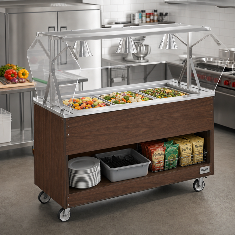 Product image #2 for Vollrath 2-Series Affordable Portable 60-Inch Mobile 4-Pan Non-Refrigerated Cold Food Station with Open Storage Base and Buffet Breath Guard, Walnut Woodgrain