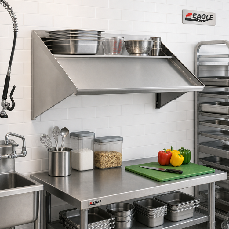 Product image #2 for Eagle Group 42-Inch Wall-Mounted Solid Slanted Rack Shelf with Left-Side Drip Tube, 16/304 Stainless Steel