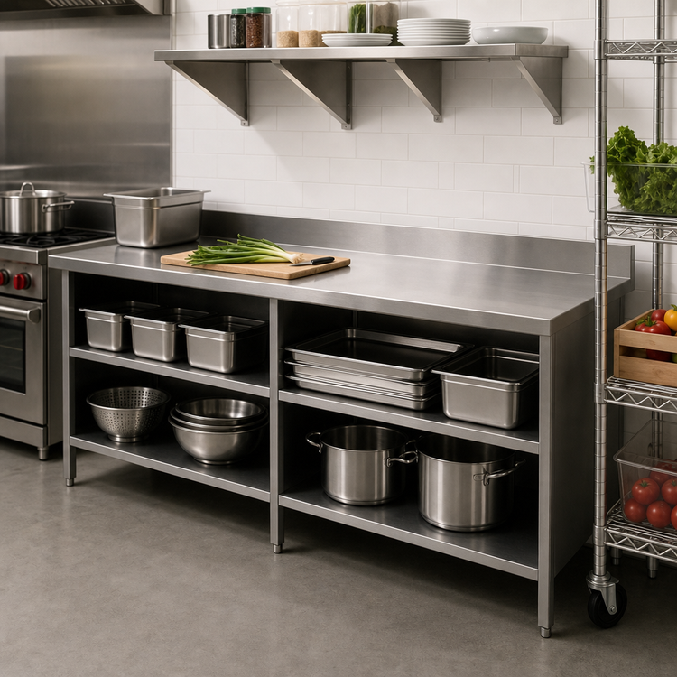 Product image #2 for John Boos Open Front Stainless Steel Work Table with Cabinet Base, 96W x 24D, 5-Inch Backsplash