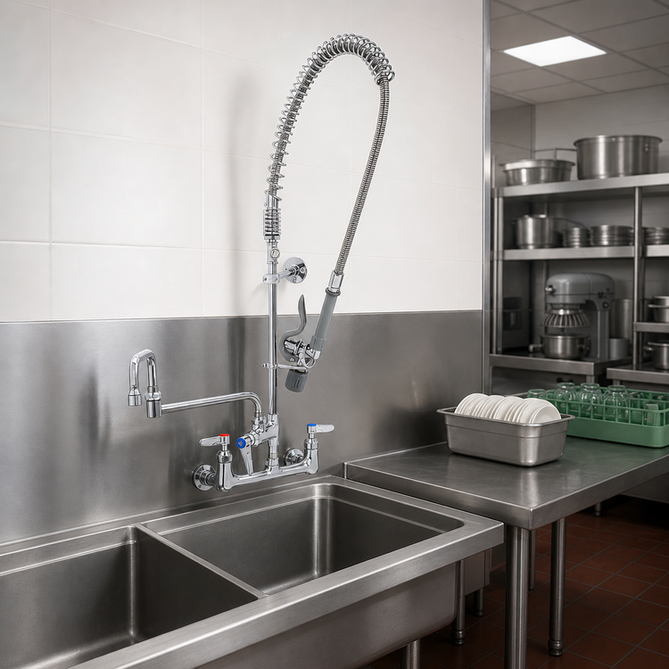 Product image #2 for EasyInstall 8-Inch Wall-Mount Pre-Rinse Add-On Faucet with 18-Inch Double-Joint Swing Nozzle and Low-Flow Spray Valve