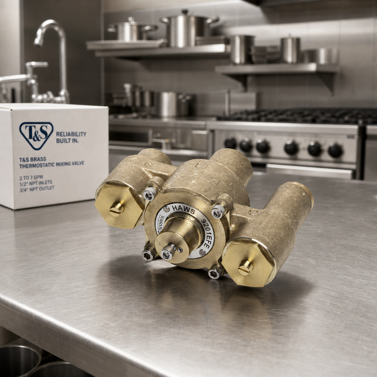 Product image #2 for T&S Brass Thermostatic Mixing Valve, 2 to 7 GPM, 1/2 Inch NPT Inlets, 3/4 Inch NPT Outlet