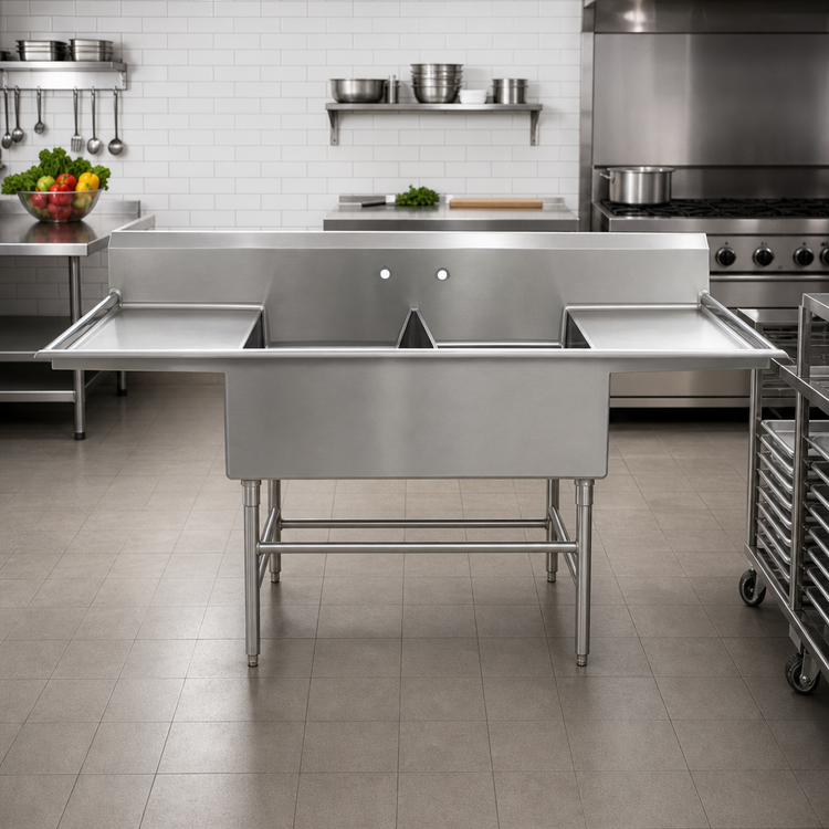 Product image #2 for Eagle Group Spec-Master FFN2748-2-24-14/3 Two-Compartment Flush Front Stainless Steel Sink with Dual 24-Inch Drainboards