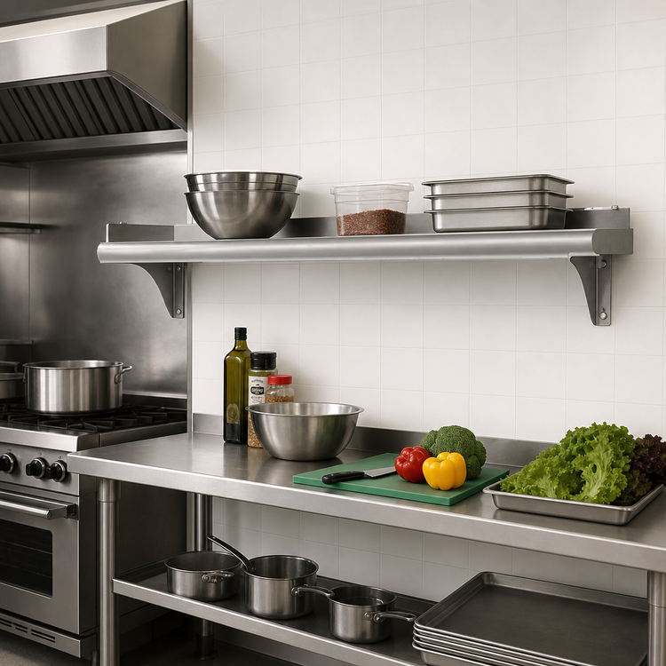 Product image #2 for Eagle Snap-n-Slide Wall-Mounted Shelf, 72 Inches x 15 Inches, V Marine Front Edge, 16/304 Stainless Steel