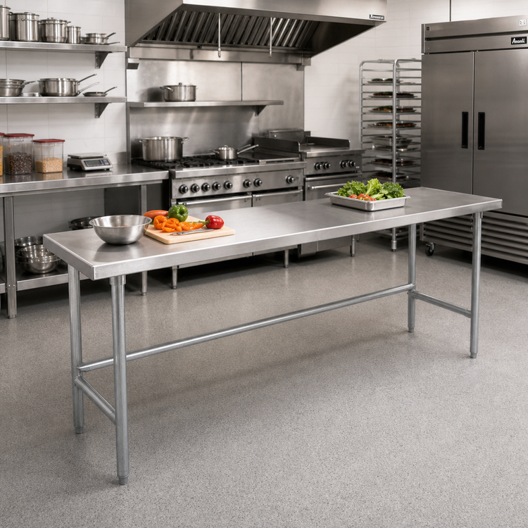 Product image #2 for Advance Tabco 120"W x 24"D 14-Gauge 304 Stainless Steel Flat Top Work Table with Galvanized Open Base