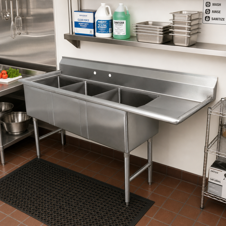 Product image #2 for Advance Tabco 3-Compartment Fabricated Stainless Steel Sink with 15-Inch Right Drainboard