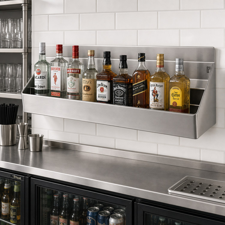Product image #2 for Advance Tabco Underbar Basics™ DT-4 Double-Tier Standard Duty Stainless Steel Speed Rail, 48 Inch, Keyhole Mount, 24-26 Bottle Capacity