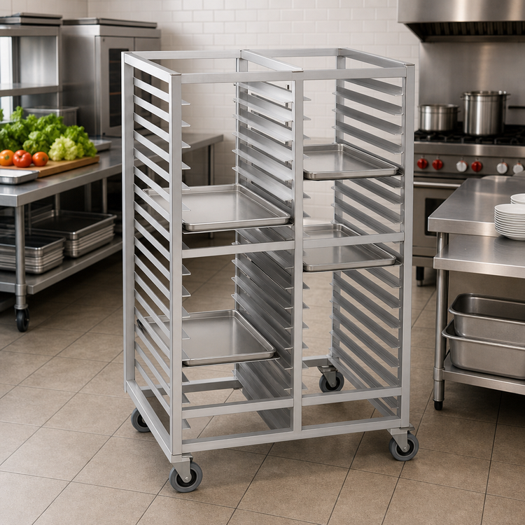 Product image #2 for Channel Manufacturing Double-Section Aluminum Cafeteria Tray Rack with 5-Inch Swivel Stem Casters, 28 Tray Capacity, 45 x 30 x 36 Inches