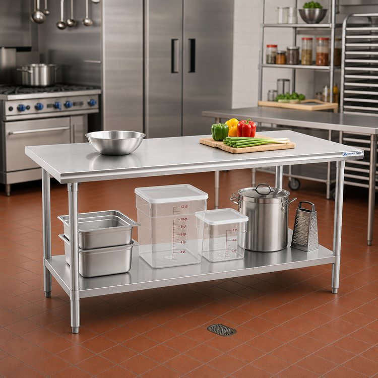 Product image #2 for Advance Tabco 72-Inch x 24-Inch 304 Stainless Steel Flat Top Work Table with Adjustable Undershelf