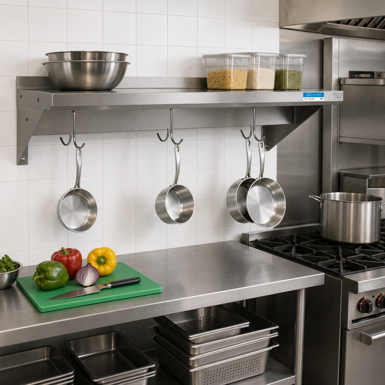 Product image #2 for Premium 36-Inch x 12-Inch Wall-Mount Stainless Steel Overshelf with Pot Rack