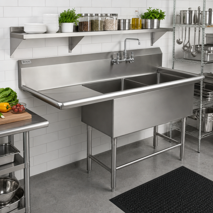 Product image #2 for John Boos Pro-Bowl Commercial 2-Compartment Stainless Steel Sink with Left Drainboard, 82-3/16" W x 29-1/2" D x 44-1/16" H