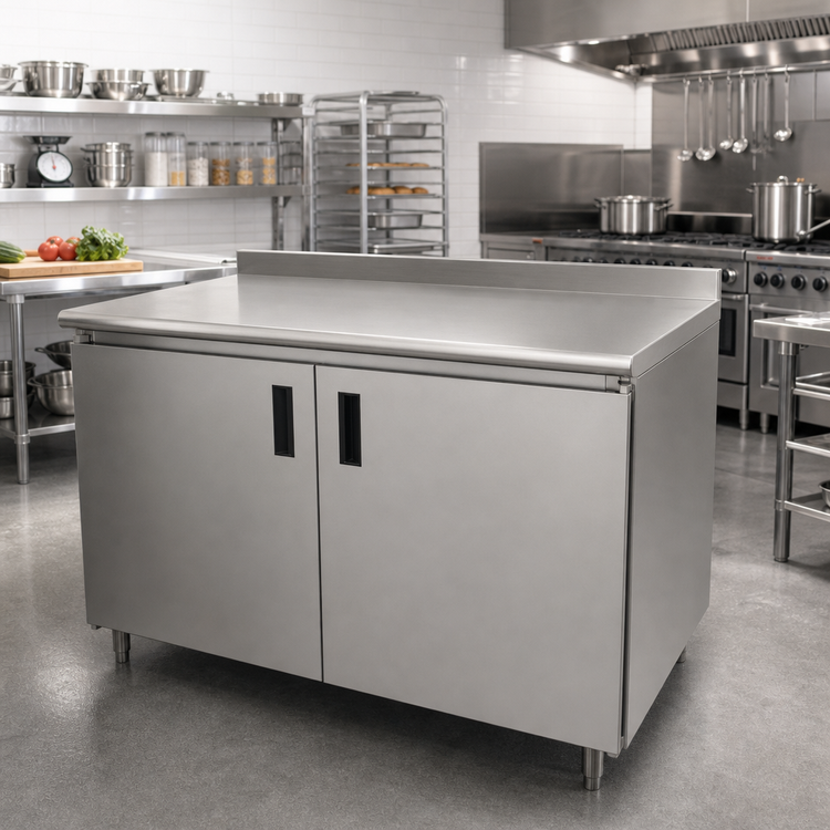 Product image #2 for Advance Tabco 72-Inch W x 30-Inch D Enclosed Work Table with Hinged Doors, 14-Gauge 304 Stainless Steel Top, and 1-1/2-Inch Rear Upturn