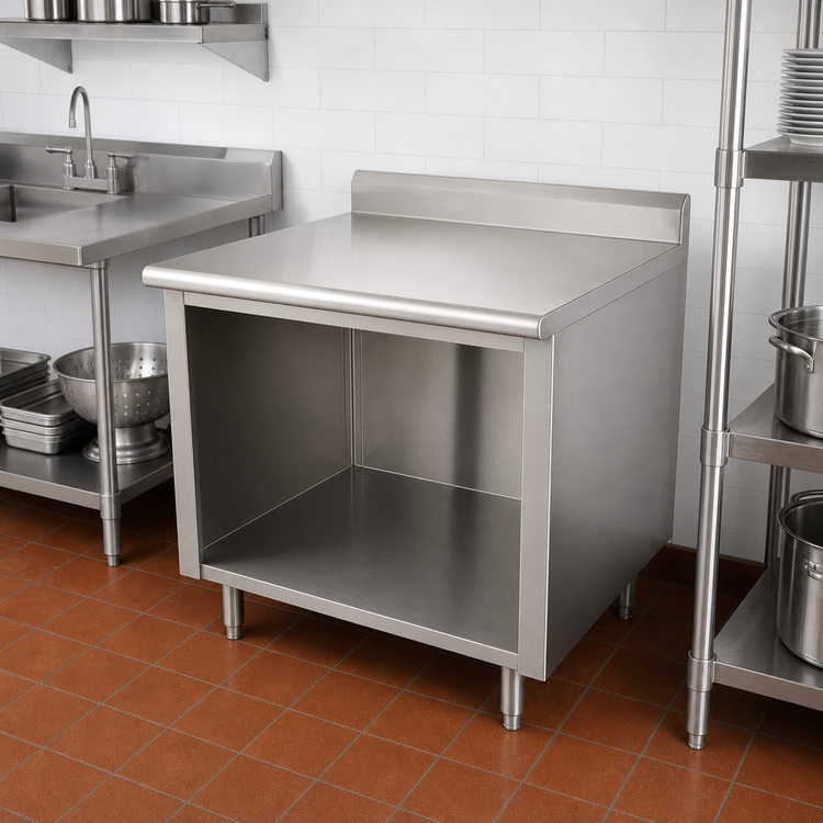 Product image #2 for Advance Tabco 36 Inch x 36 Inch Stainless Steel Work Table with 5 Inch Backsplash and Open Front Cabinet Base