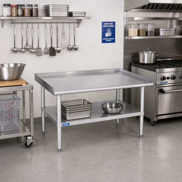 Product image #2 for Sapphire 48-Inch W x 30-Inch D Stainless Steel Equipment Stand with Adjustable Undershelf and Splash Guard
