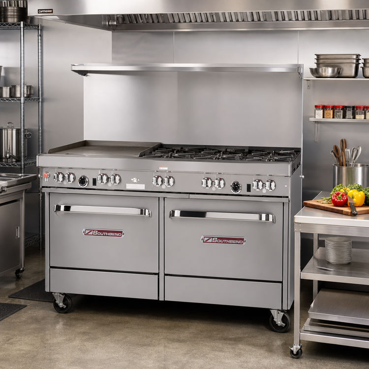 Product image #2 for Southbend Ultimate 60-Inch Gas Restaurant Range with 6 Burners, 24-Inch Griddle, Convection Oven, and Cabinet Base