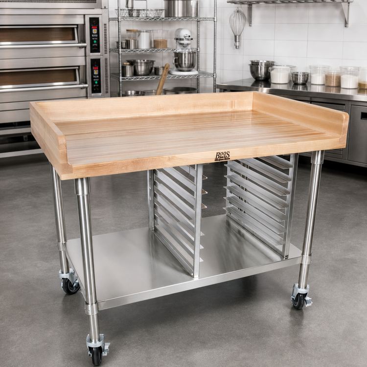 Product image #2 for John Boos 60-Inch x 30-Inch Bakery Prep Table with Northern Hard Rock Maple Top, Stainless Steel Undershelf, Bun Pan Rack and Locking Casters