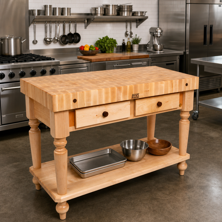Product image #3 for John Boos Cucina Rustica 48 Inch x 24 Inch End Grain Maple Butcher Block Work Table with Lower Shelf and 2 Drawers