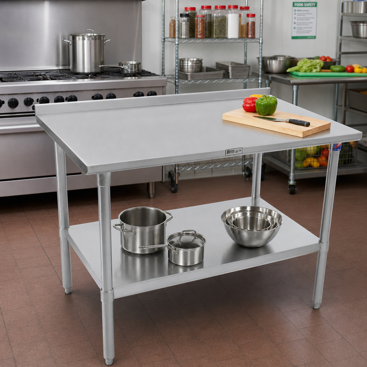 Product image #2 for John Boos Stallion 60-Inch x 30-Inch Stainless Steel Top Work Table with Rear Backsplash and Adjustable Undershelf