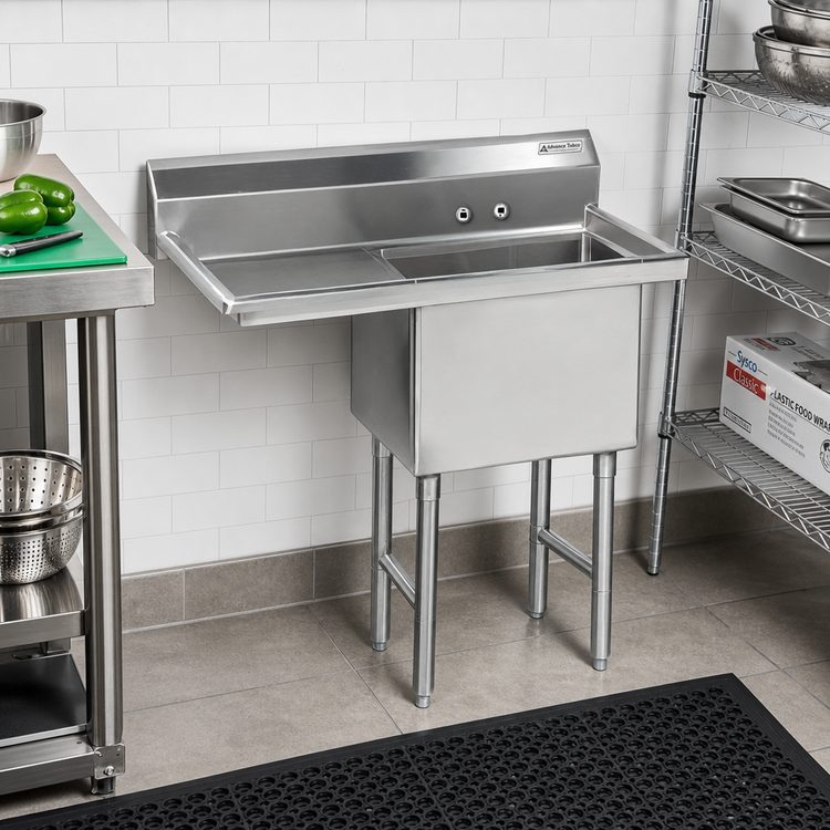 Product image #2 for Advance Tabco Special Value Series 1-Compartment Fabricated Sink with Left Drainboard, 18" x 18" x 14" Bowl, 16-Gauge 304 Stainless Steel