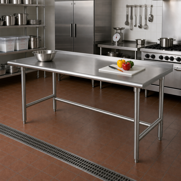 Product image #2 for Advance Tabco 120-Inch x 36-Inch 14-Gauge 304 Stainless Steel Open Base Work Table with 1-1/2-Inch Rear Splash