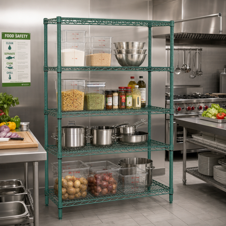 Product image #2 for Quantum 72"W x 12"D x 86"H Wire Shelving Starter Kit, 4-Shelf, Green Epoxy Antimicrobial Finish
