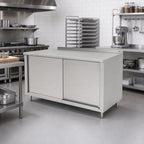 Thumbnail image #2 for John Boos 4CS6R1.5-3672 72" x 36" Stainless Steel Enclosed Work Table with Sliding Doors, 16-Gauge 300-Series Top and 1-1/2" Rear Up-Turn