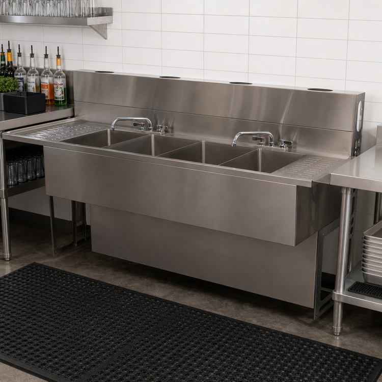 Product image #3 for BK Resources 72-Inch Four-Compartment Underbar Slimline Stainless Steel Sink with Dual Drainboards and Faucets