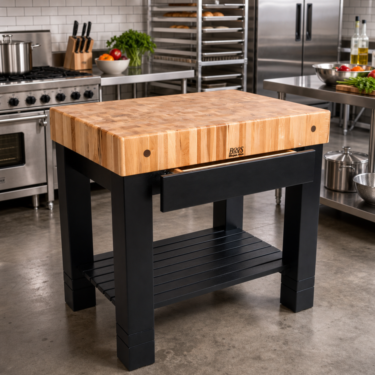 Product image #3 for John Boos American Heritage Homestead End Grain Maple Butcher Block Work Table with Utensil Drawer and Lower Shelf