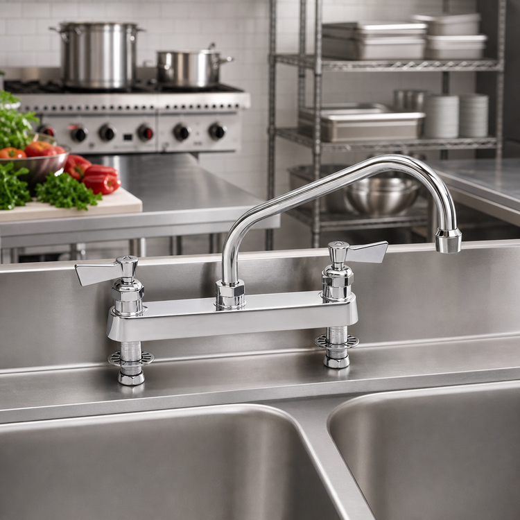 Product image #2 for Fisher 8-Inch Center Deck-Mount Brass Manual Faucet with 12-Inch Swing Spout and Lever Handles