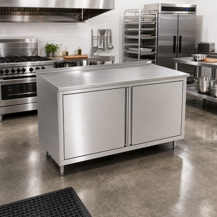 Product image #2 for John Boos 72 x 24 Inch Cabinet Base Enclosed Work Table with Hinged Doors, 14-Gauge Stainless Steel Top and 1-1/2 Inch Rear Riser