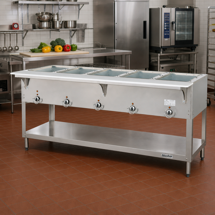 Product image #2 for Aerohot E305 Electric 5-Well Hot Food Station with Stainless Steel Open Base and Poly Carving Board