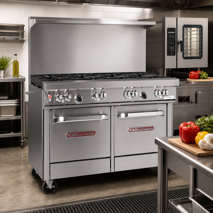 Product image #2 for Ultimate 48-Inch Floor Model Gas Restaurant Range with 7 Open Burners and 2 Space Saver Ovens