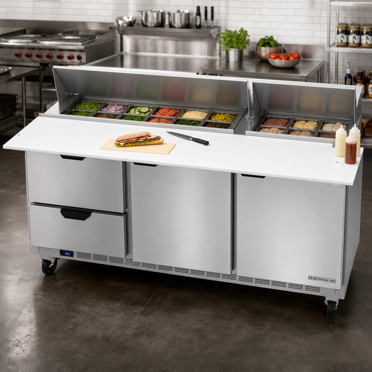Product image #3 for Beverage-Air 72-Inch Three-Section Sandwich Prep Table with 18-Pan Top, Doors, Drawers, and 17-Inch Cutting Board