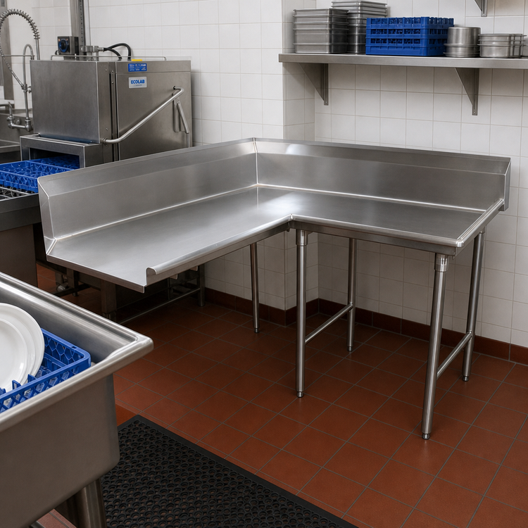 Product image #2 for Advance Tabco Korner Clean Right-Hand L-Shaped Dish Table, 119-Inch, 14-Gauge 304 Stainless Steel