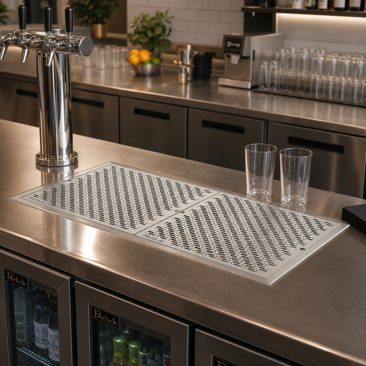 Product image #2 for Perlick Drop-In Stainless Steel Drip Tray Trough with 2 Removable Glass Racks, 42 x 12 Inch