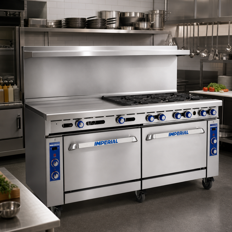 Product image #2 for 72-Inch Gas Restaurant Range with 6 Open Burners, 36-Inch Griddle, Convection Oven, and Cabinet Base